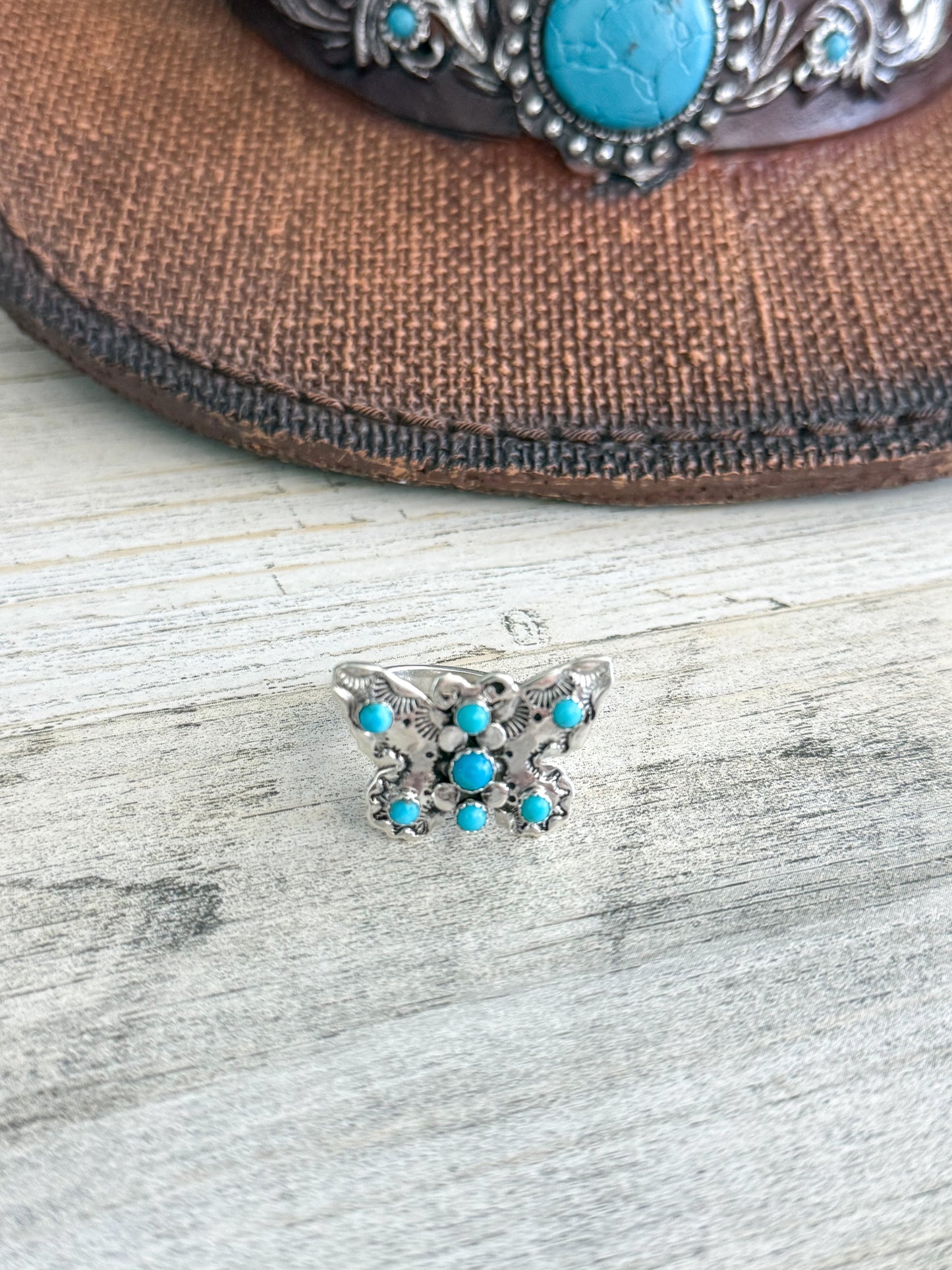 Native American Sterling Turquoise Butterfly Adjustable Ring