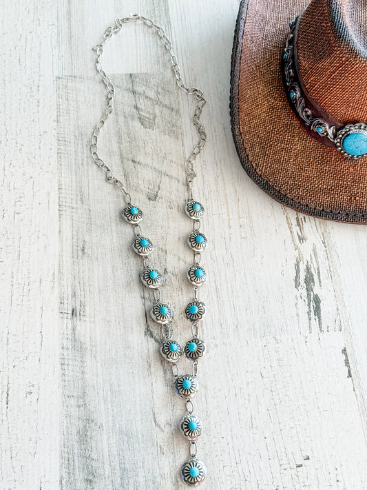 Native American 32" Stamped Concho & Turquoise Necklace
