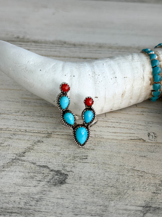 Native American Made Turquoise & Coral Cactus Ring 8