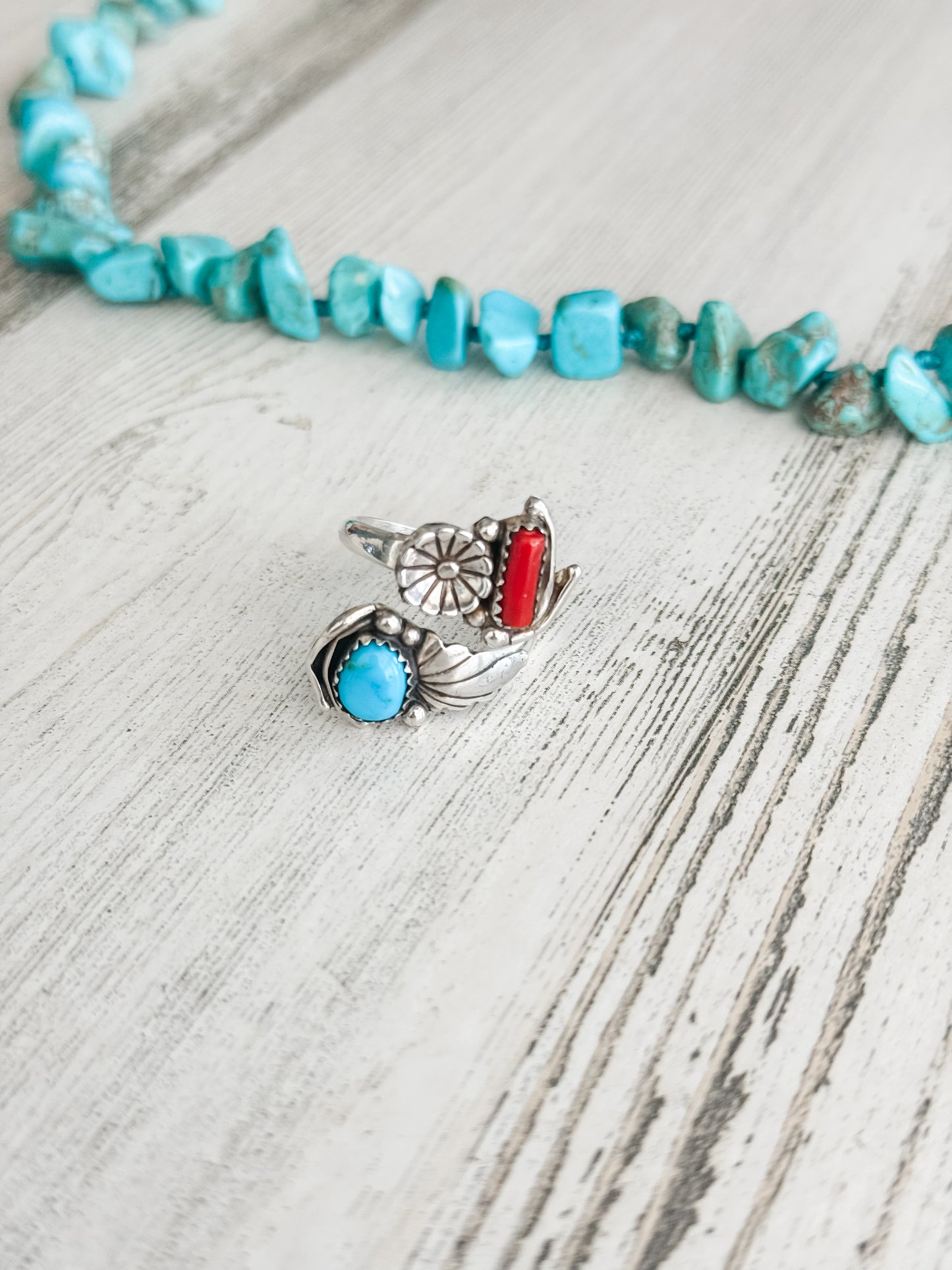 Native American Coral & Turquoise Adjustable Ring 8.5