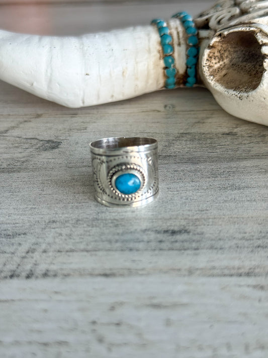 Native American Sterling Stamped Kingman Ring 9