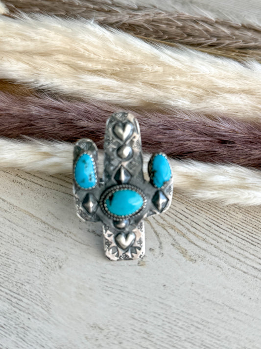 Native American Cactus & Turquoise Ring Adjustable