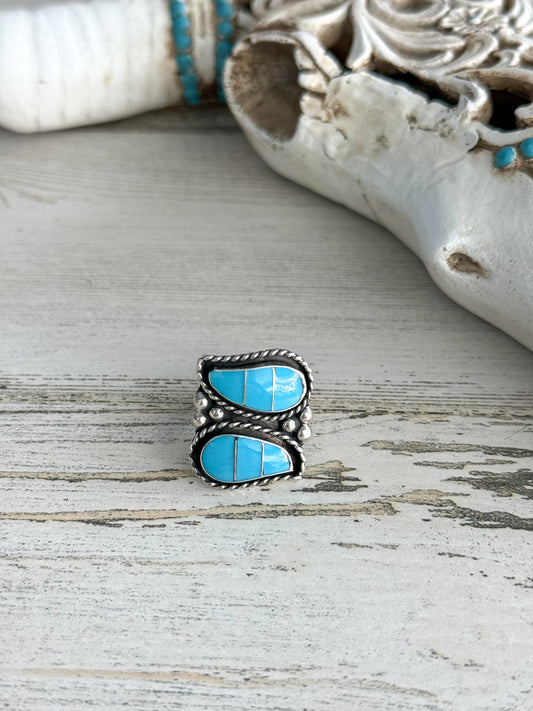 Native Made Turquoise 2 Stone Ring 7.5