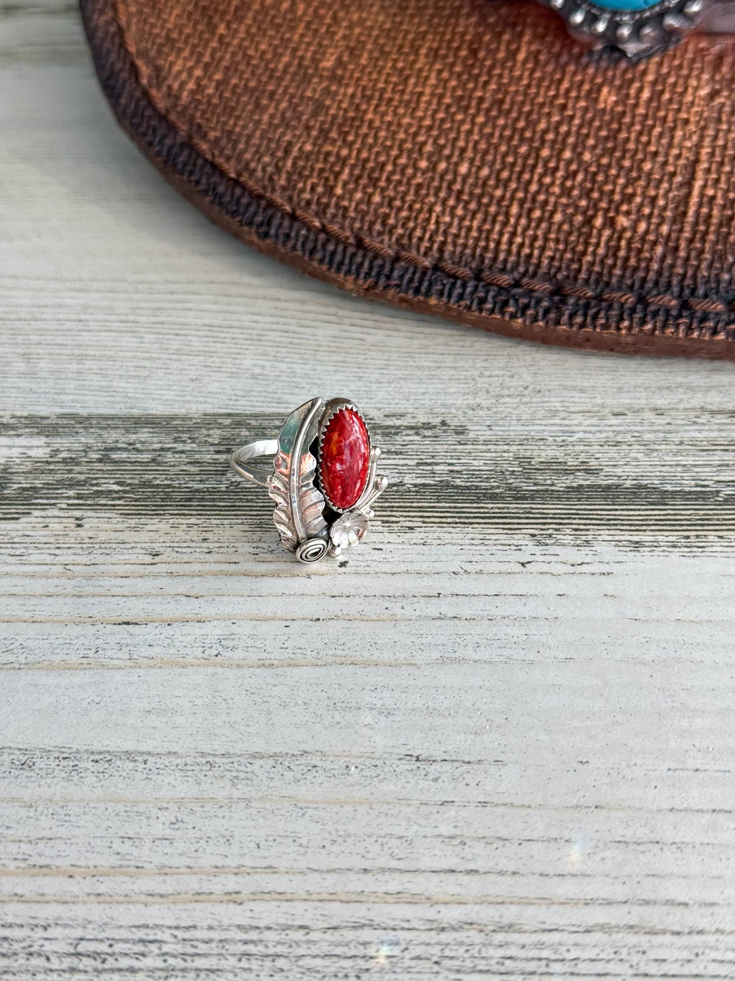 Native American Red Spiny Leaf Ring 8