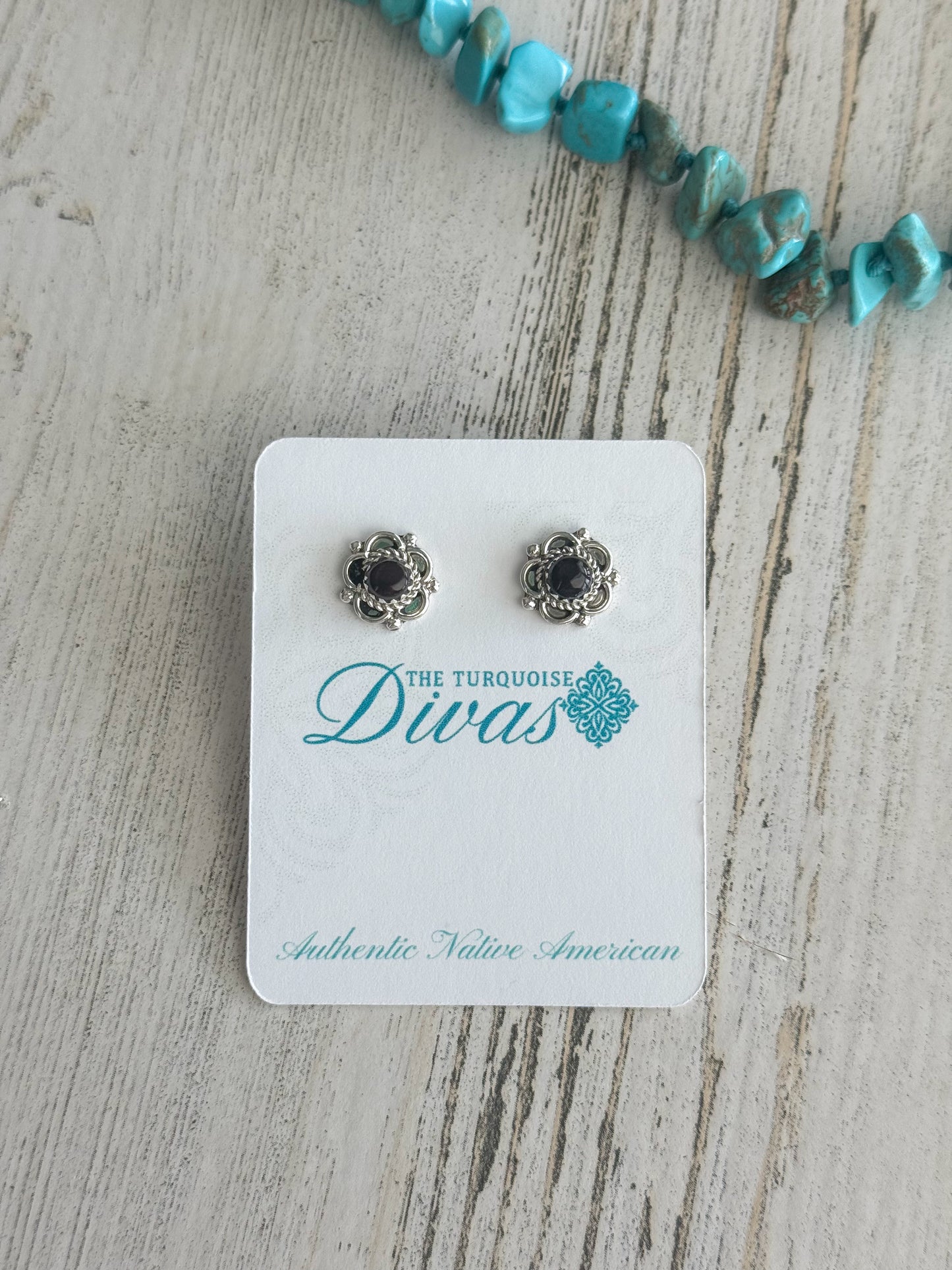 Native American Sterling Flower Black Pen Shell Studs