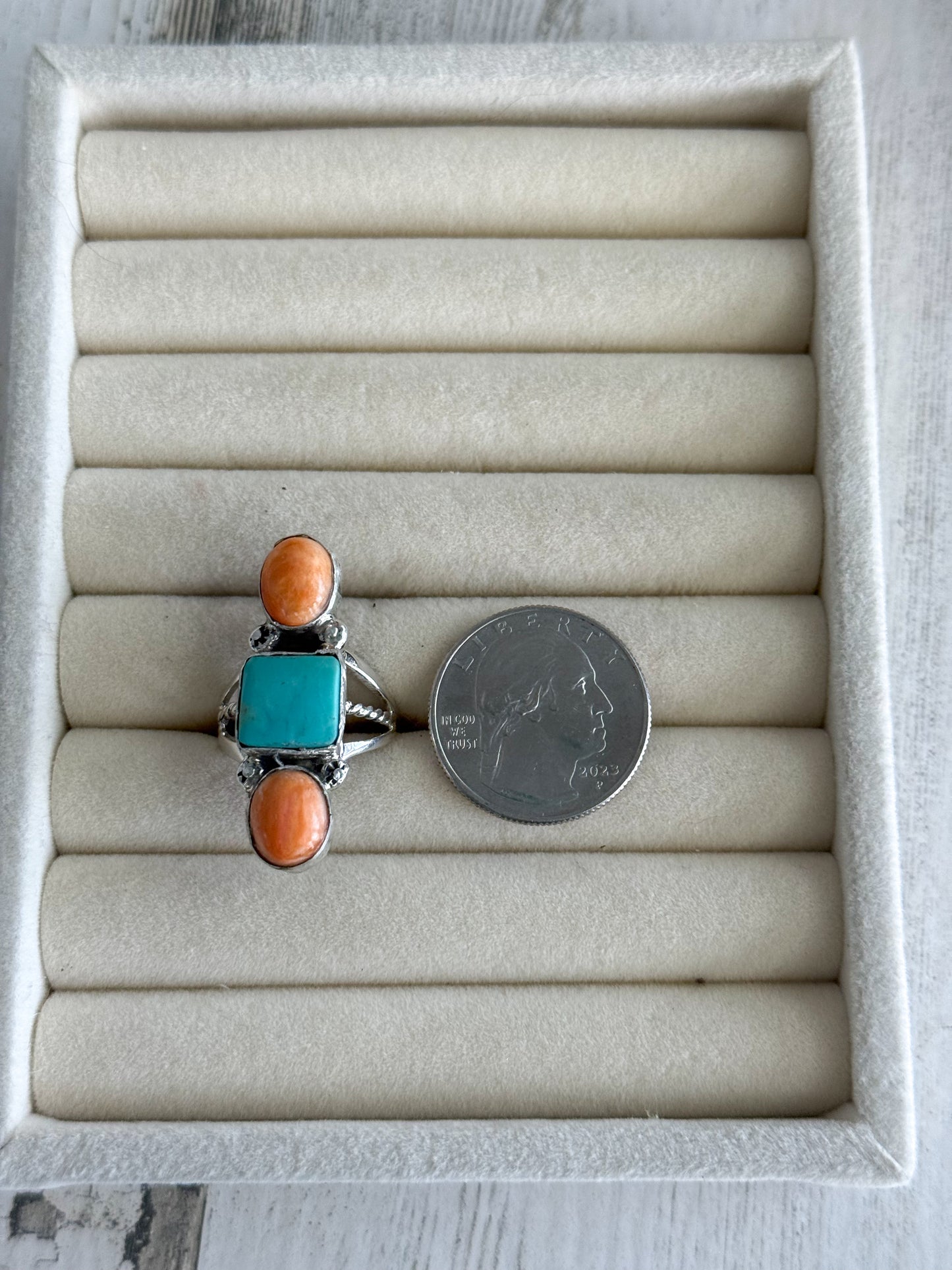 Native American Kingman & Orange Spiny Ring 8.5