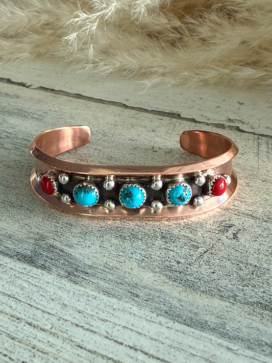 Native American Copper Turquoise & Coral Cuff 6-7/8"