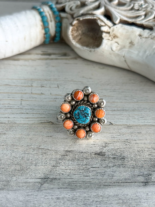 Native American Made Turquoise & Spiny Adjustable Ring