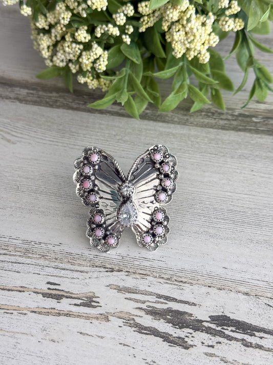 Native American Pink Conch Butterfly Adjustable Ring