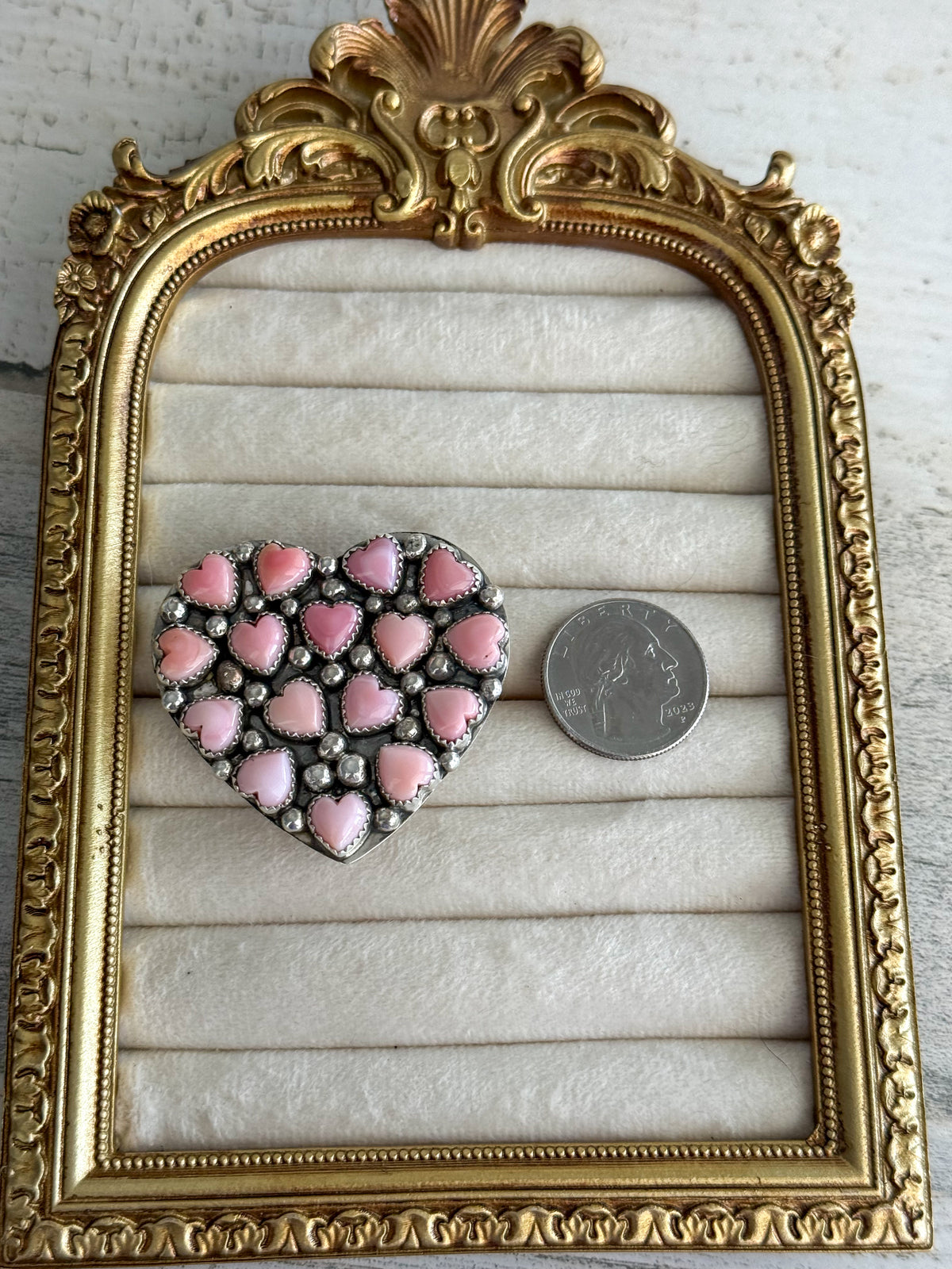Native American Pink Conch Heart Cluster Adjustable Ring