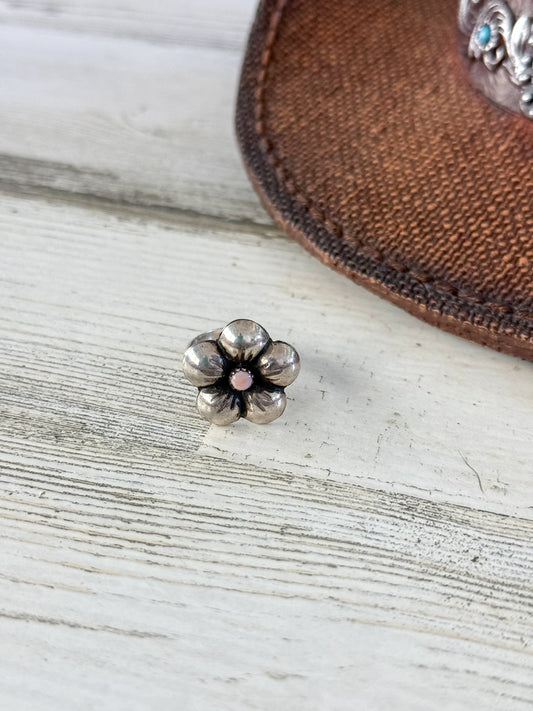 Native American Sterling Flower & Pink Conch Adjustable Ring
