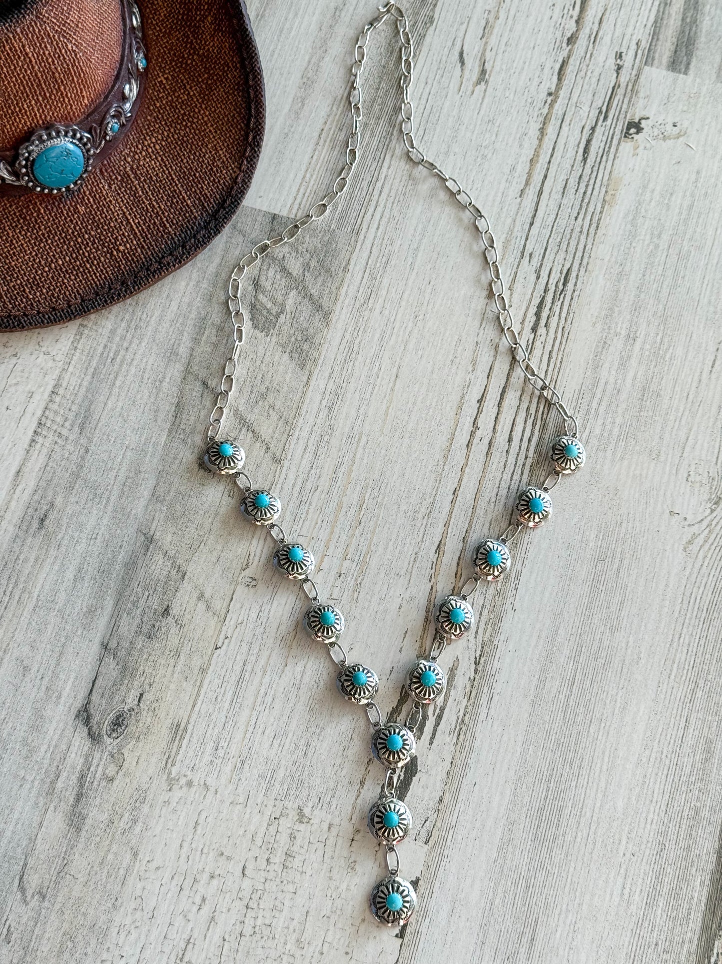 Native American 32" Stamped Concho & Turquoise Necklace