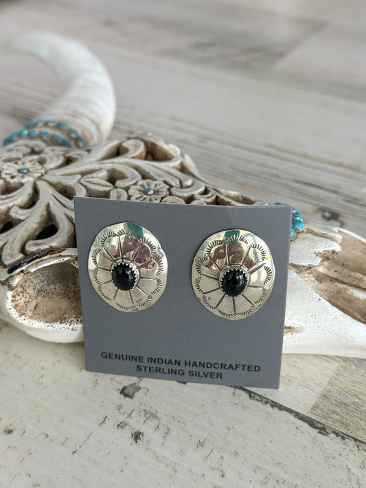Native Made Black Onyx Concho Earrings