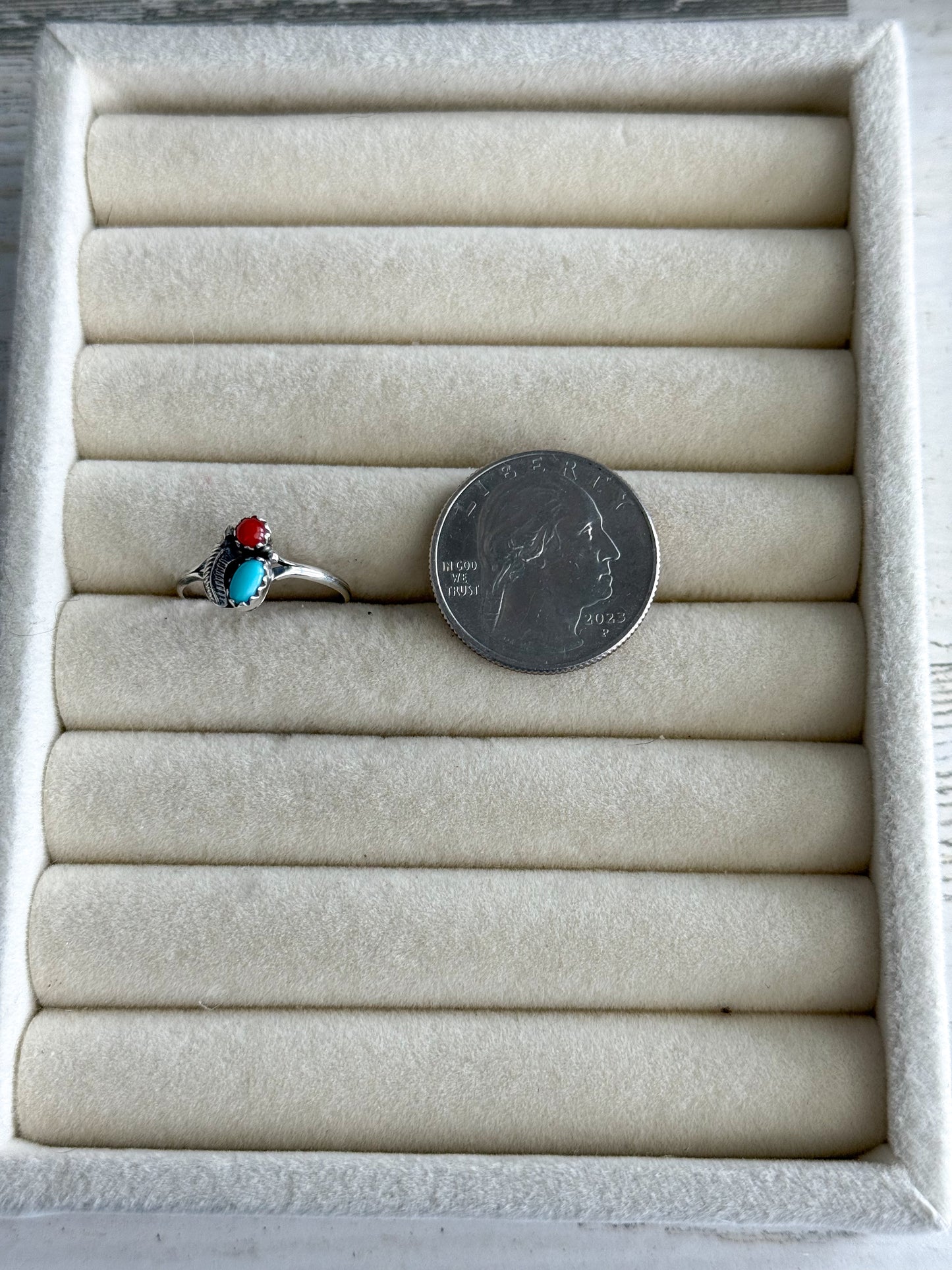 Native American Turquoise & Coral Leaf Ring 7