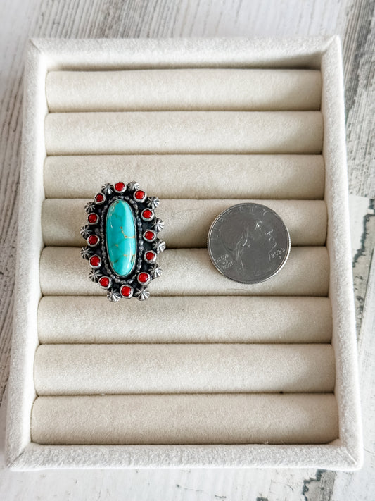 Native American Turquoise & Coral Ring 9