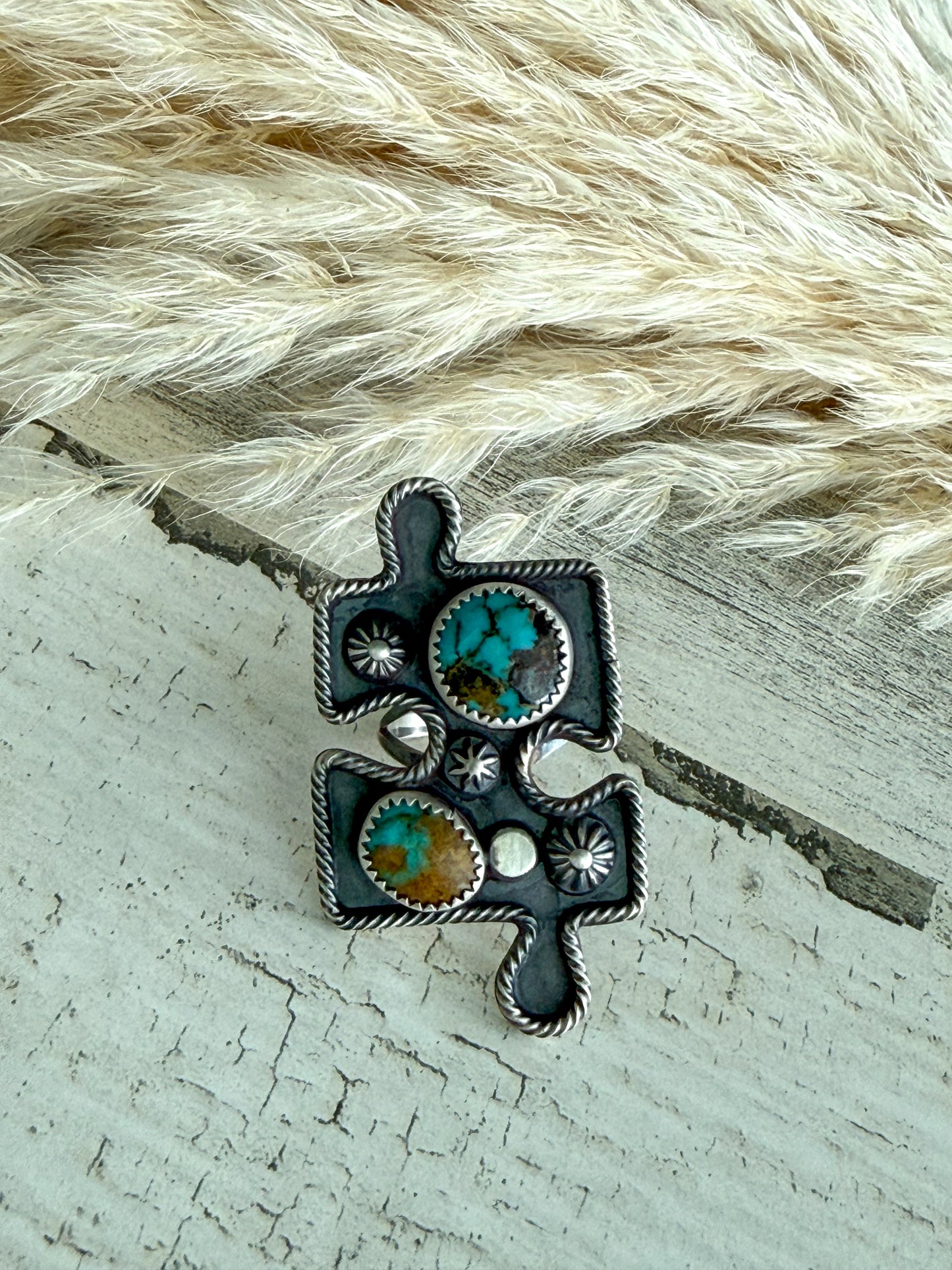 Native American Puzzle Piece Turquoise Ring 7