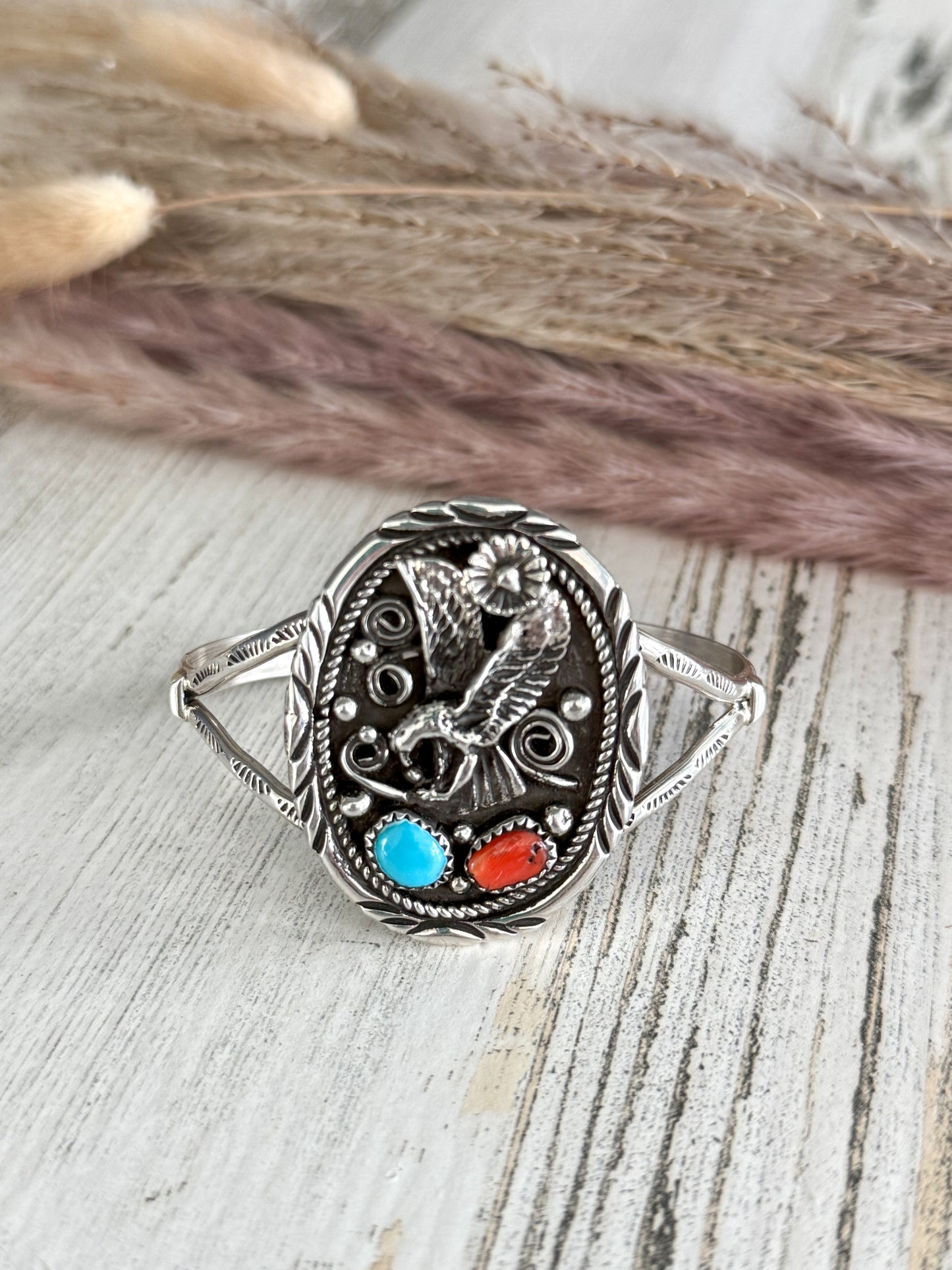 Native American Turquoise & Coral Sterling Cast Eagle Cuff