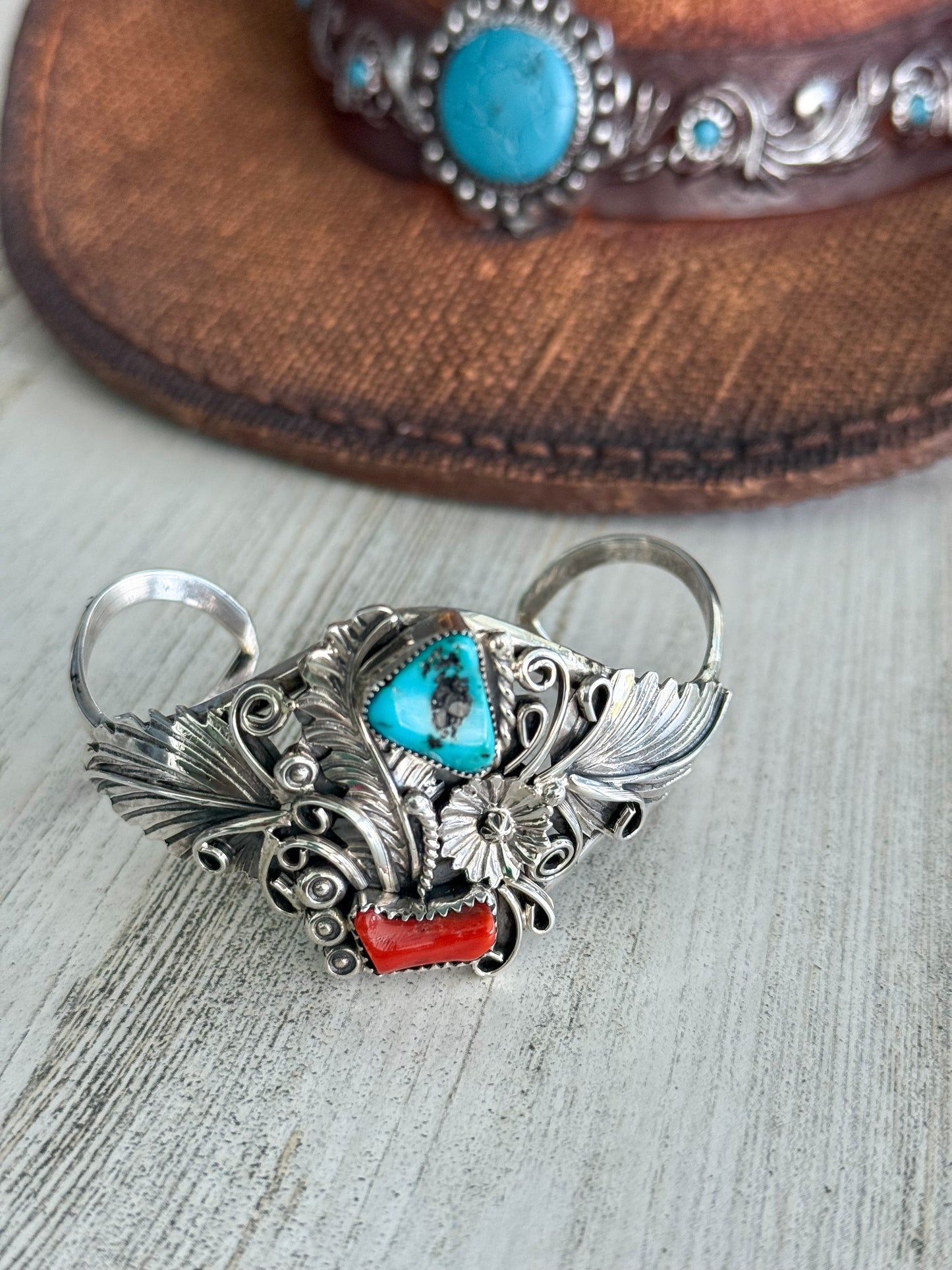 Native American Coral & Turquoise Cuff 6.75”