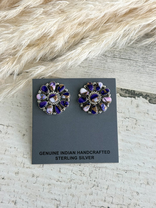 Native American Purple Dahlia Cluster Earrings