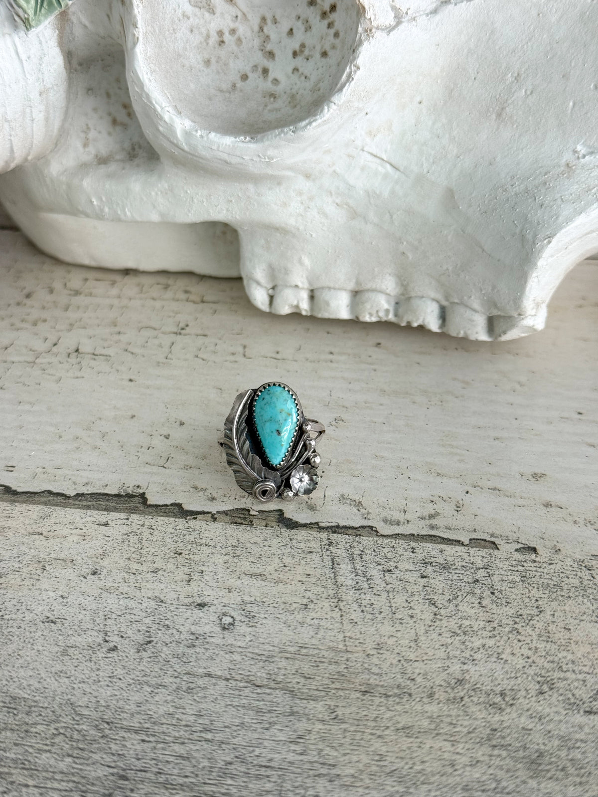 Native American Turquoise Leaf Ring 7.75