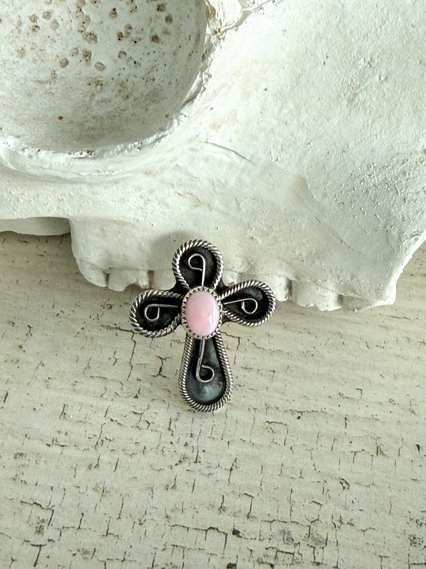 Native American Cross Pink Conch Ring 9.5