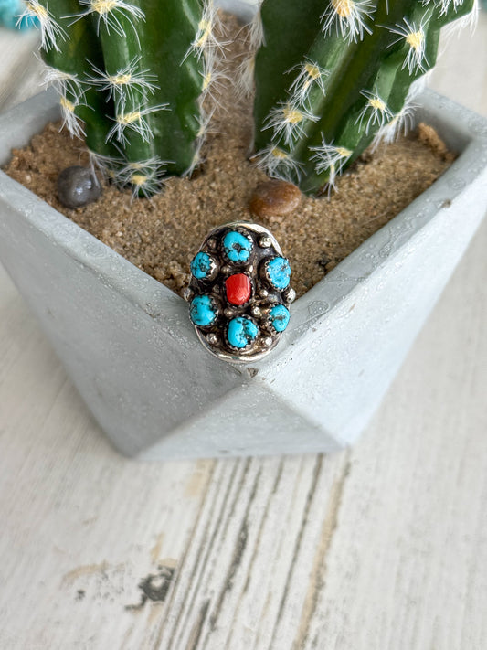 Native American Kingman & Coral Saddle Ring 8