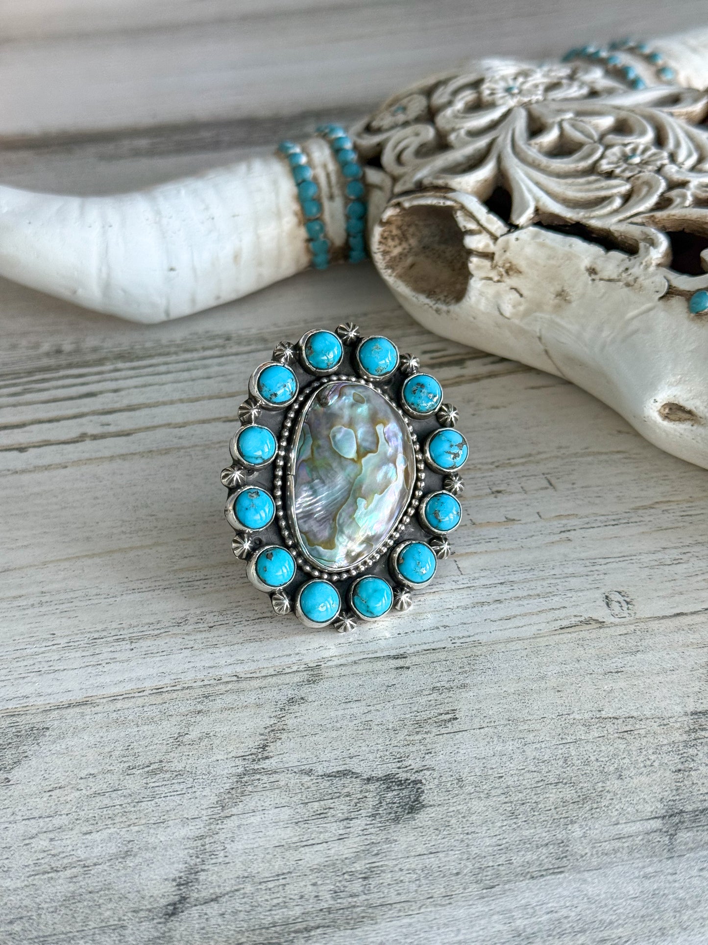 Native American Turquoise & Abalone Adjustable Ring