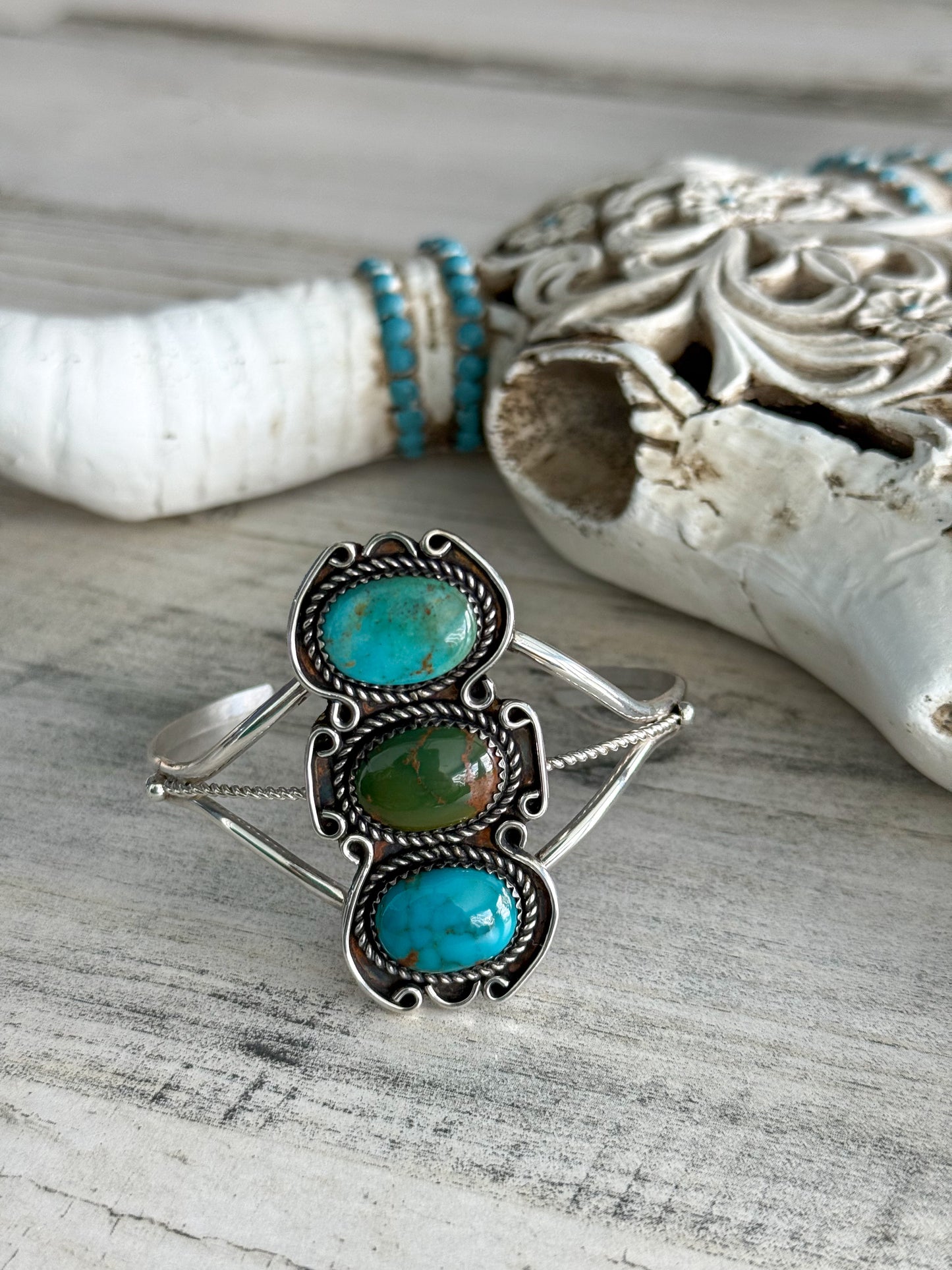 Native Made 3 Stone Assorted Turquoise Cuff 7”