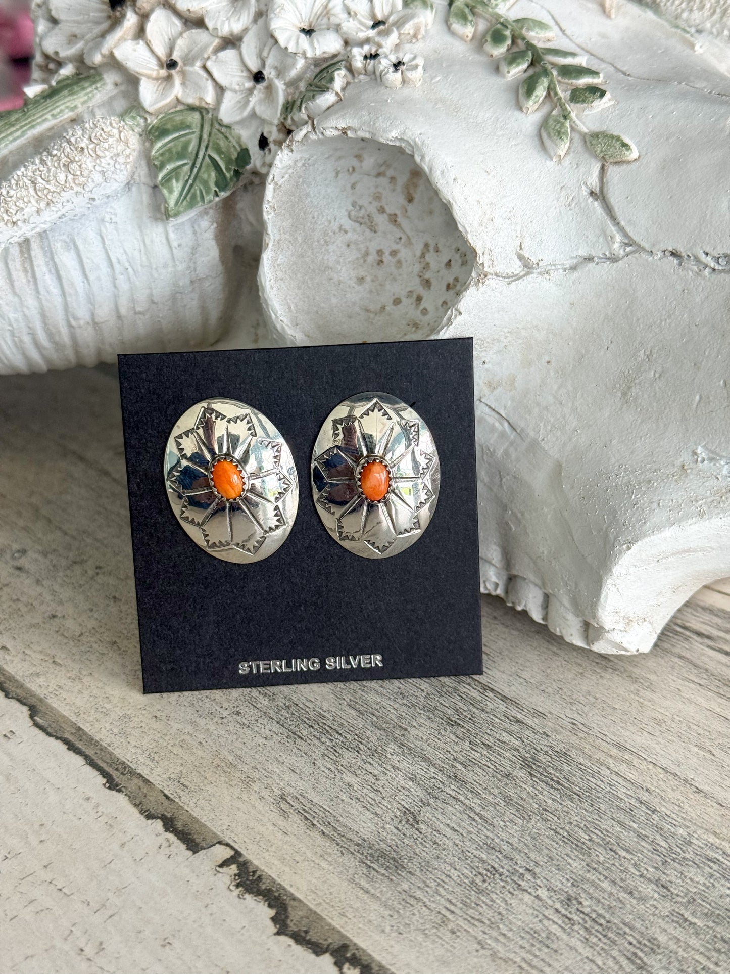 Native American Orange Spiny Concho Earrings
