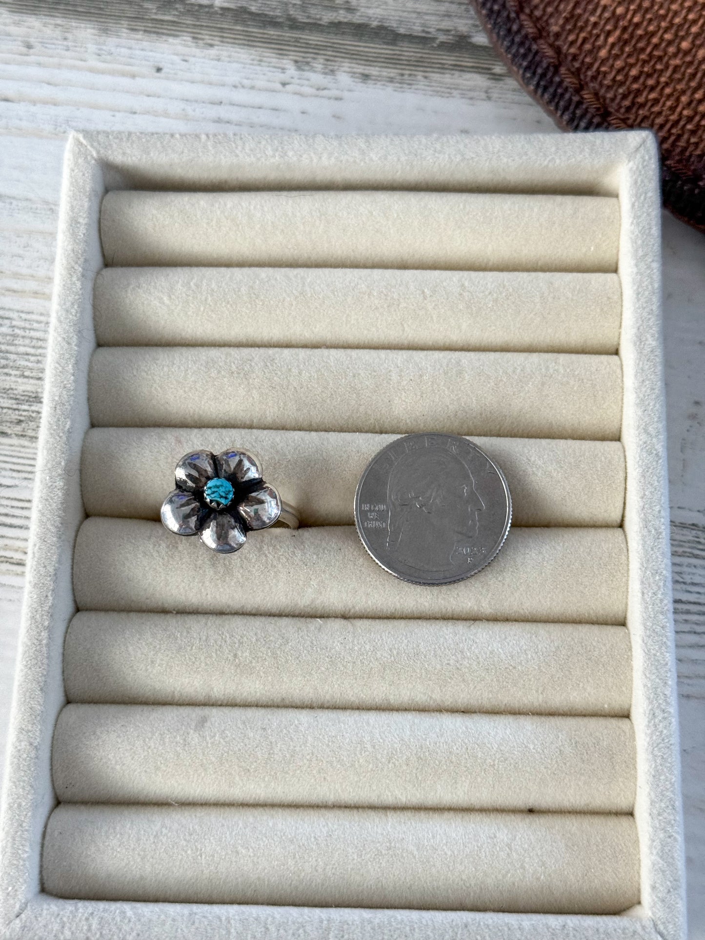 Native American Sterling Flower & Turquoise Ring Adjustable