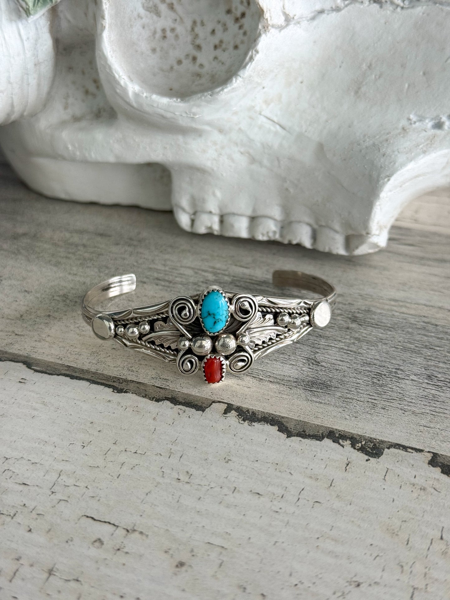 Native American Turquoise & Coral Cuff 6.75”