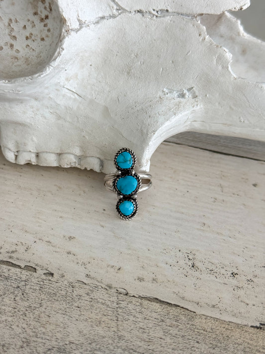 Native American 3 Turquoise Stone Ring 8.75