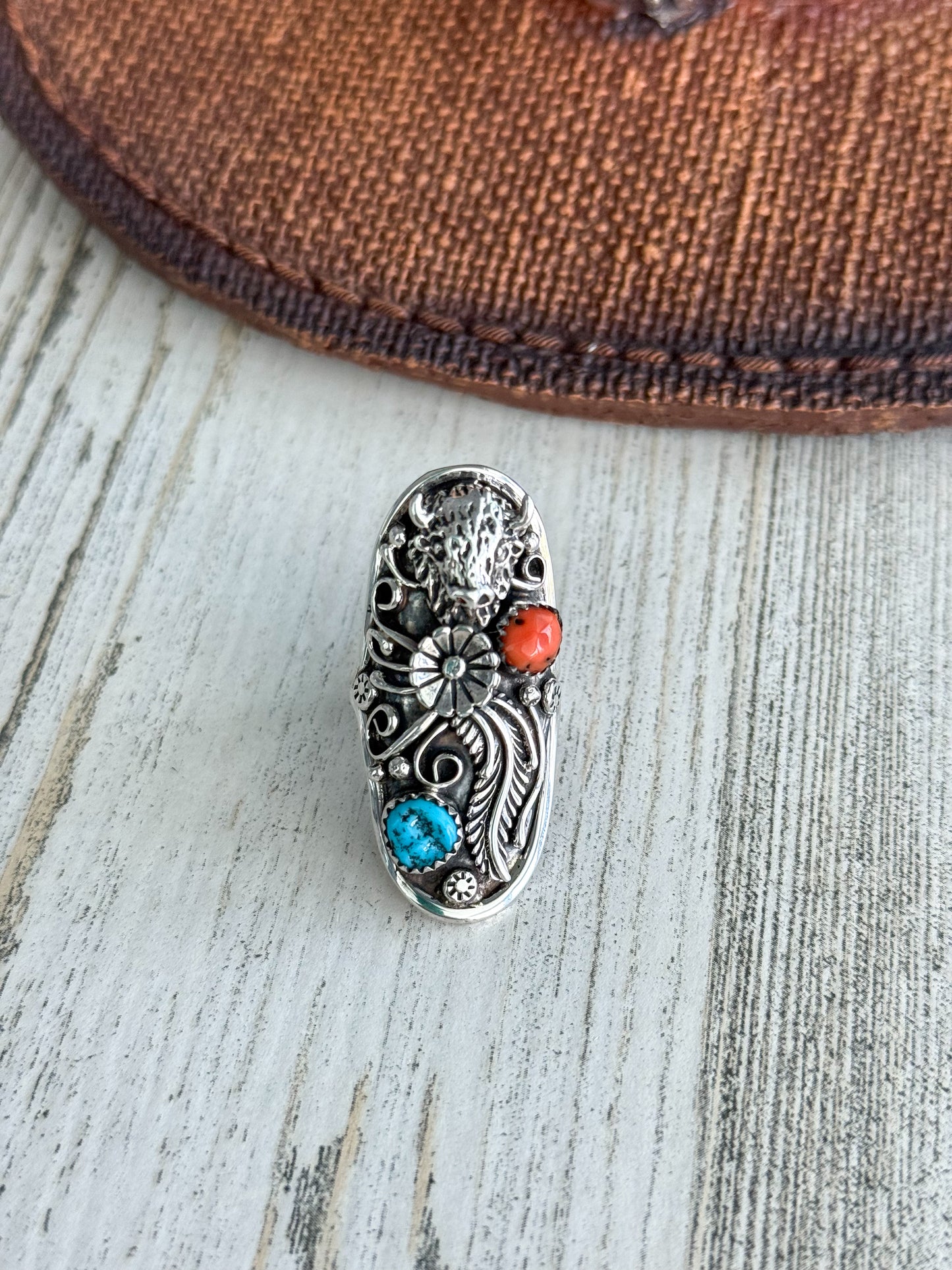 Native American Saddle Coral & Turquoise Buffalo Ring 8.5