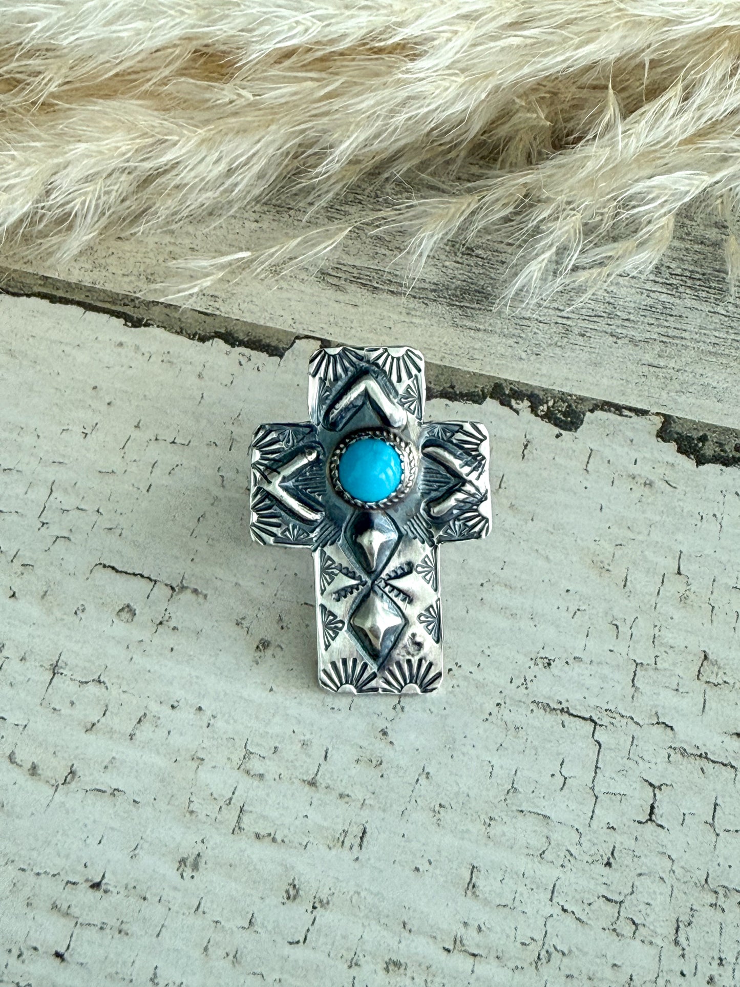 Native American Sterling Turquoise Cross Adjustable Ring