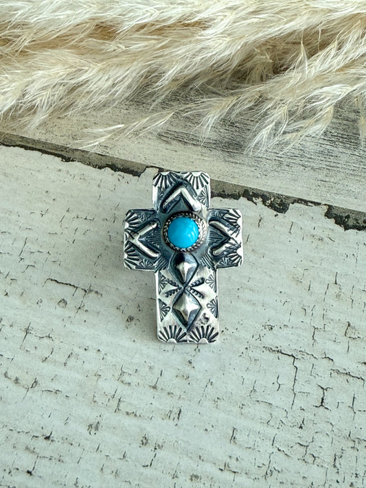 Native American Sterling Turquoise Cross Adjustable Ring