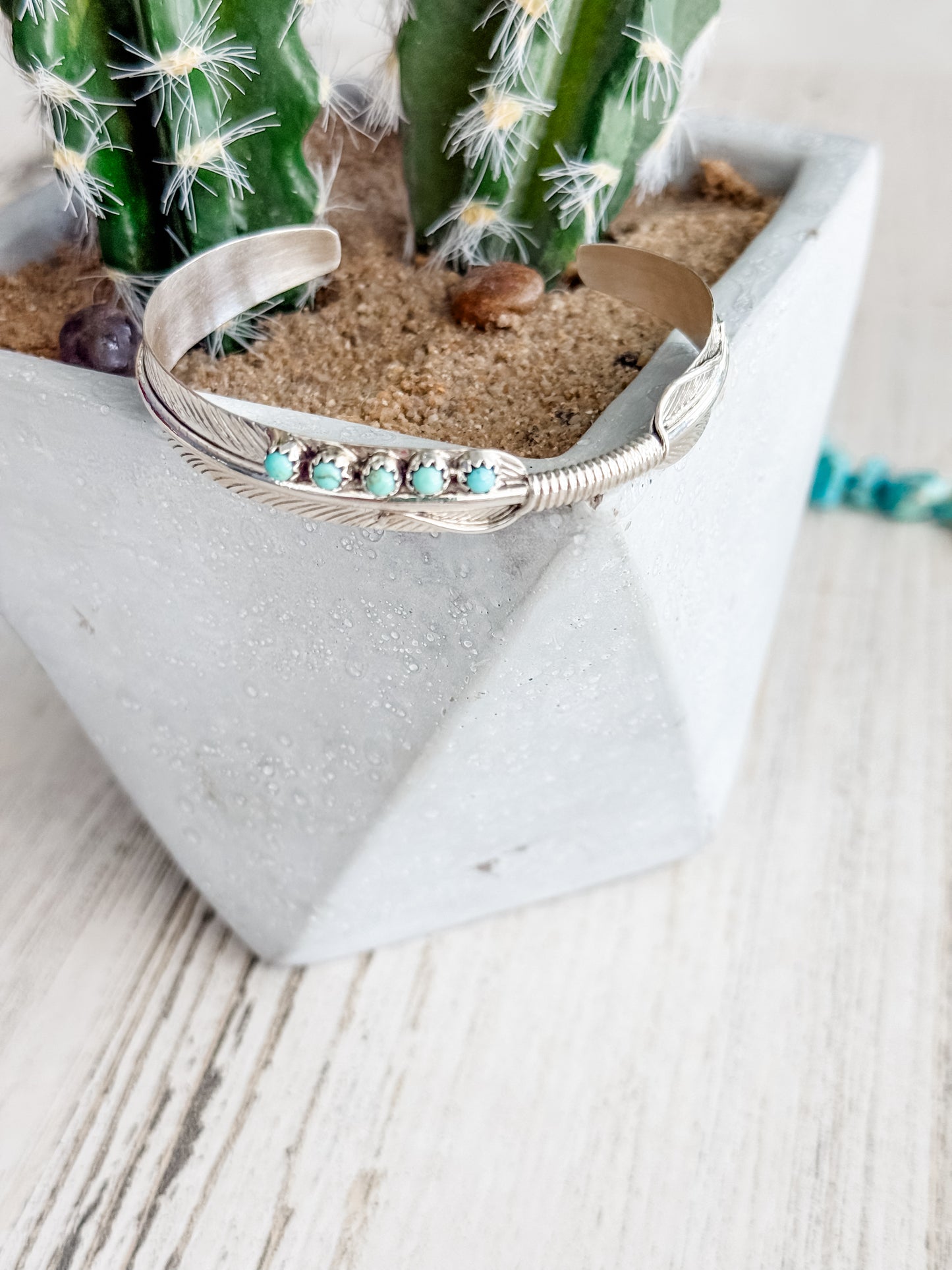Native American Feather Sterling & Turquoise Wrap Cuff 6.25”