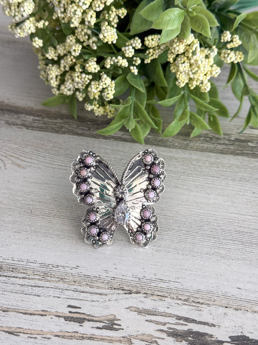 Native American Pink Conch Butterfly Adjustable Ring