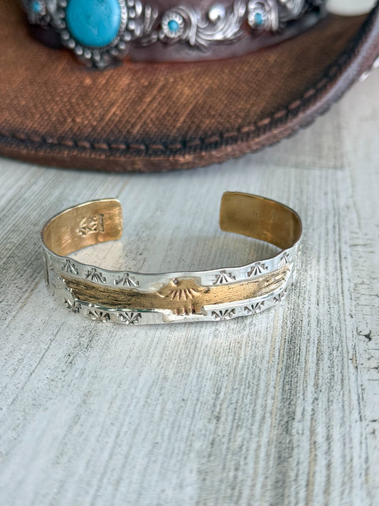 Native American Sterling & Brass Thunderbird Cuff 6.75”