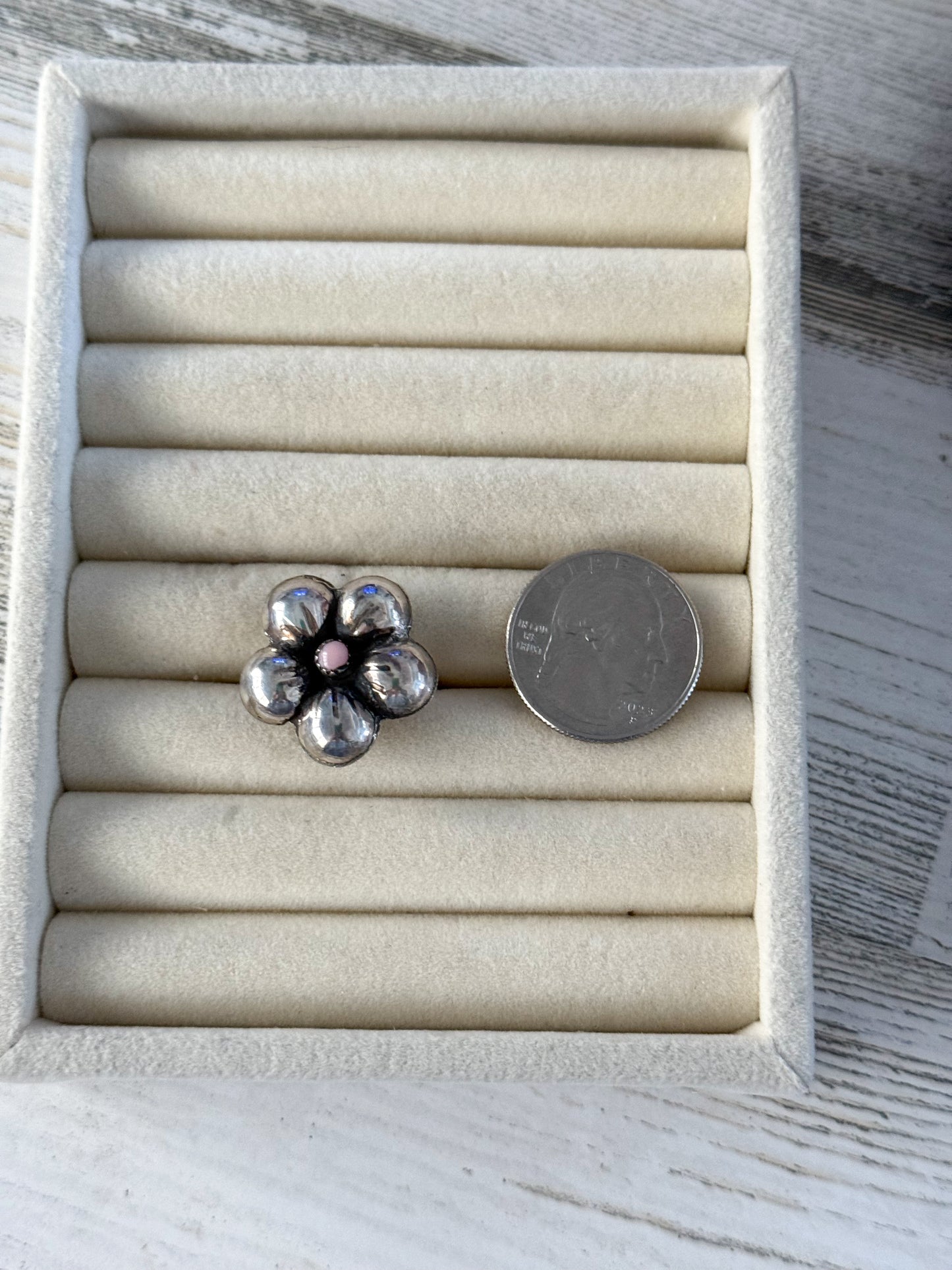 Native American Sterling Flower & Pink Conch Adjustable Ring