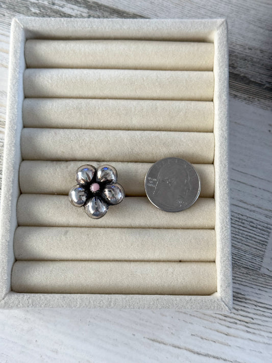 Native American Sterling Flower & Pink Conch Adjustable Ring