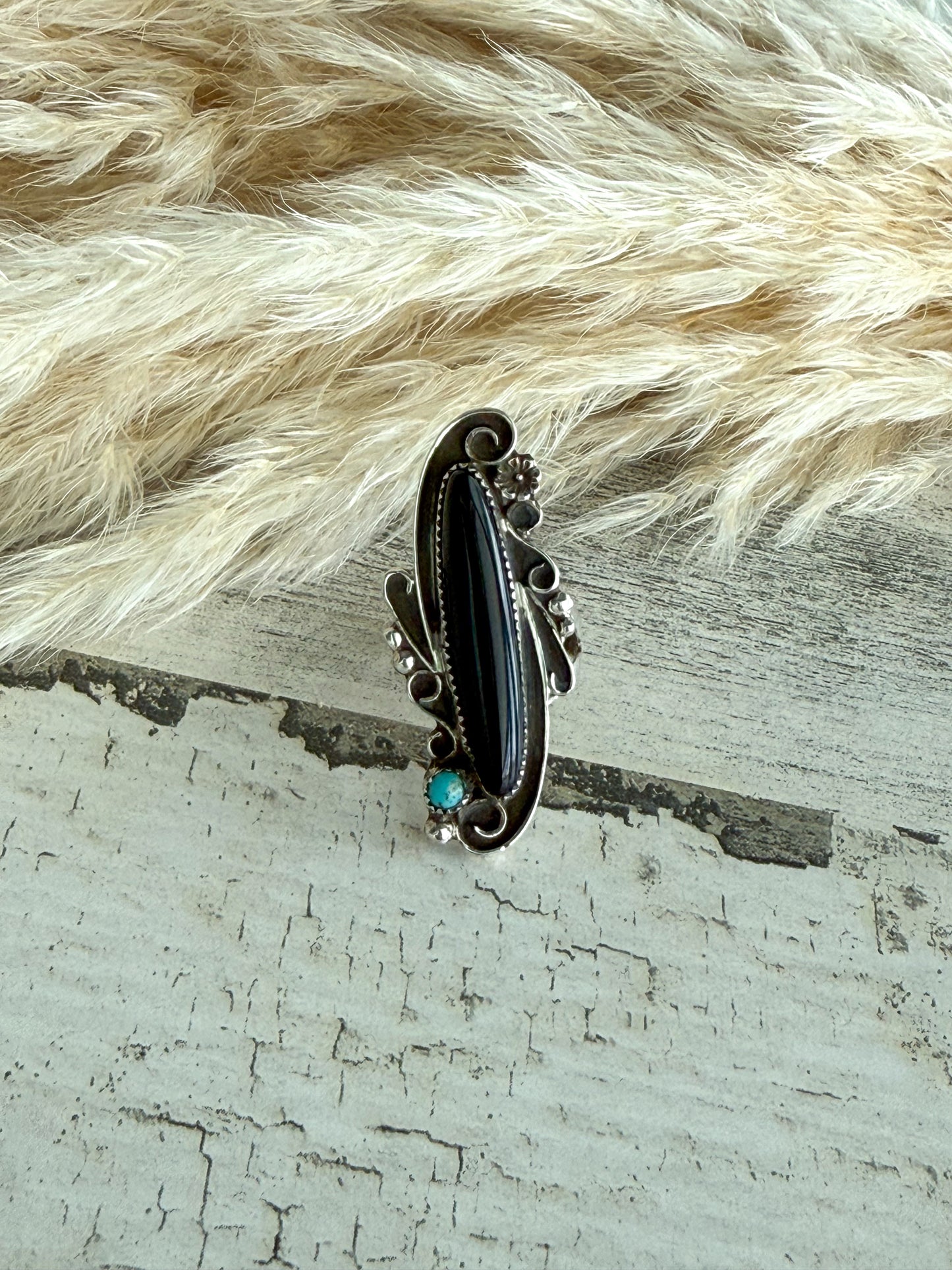 Native American Black Onyx & Turquoise Ring 8