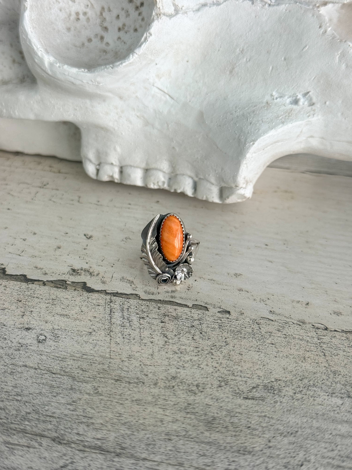 Native American Orange Spiny Leaf Ring 7