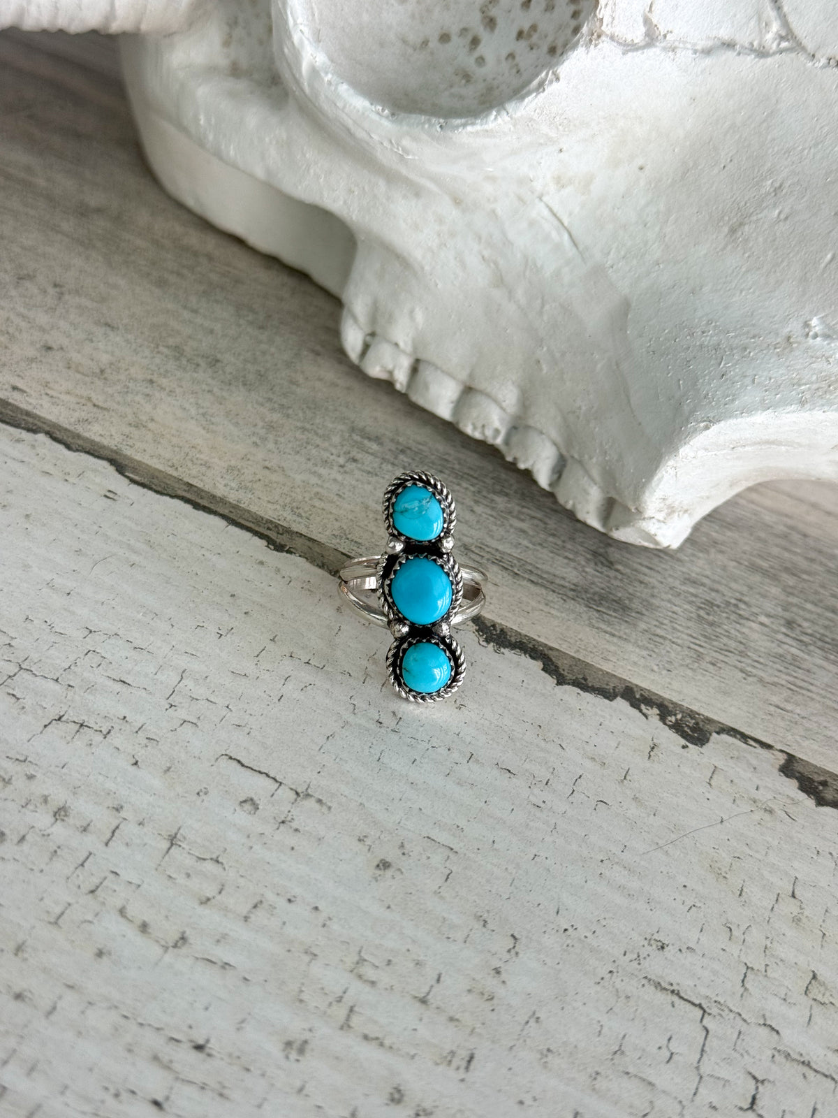 Native American 3 Turquoise Stone Ring 6.5
