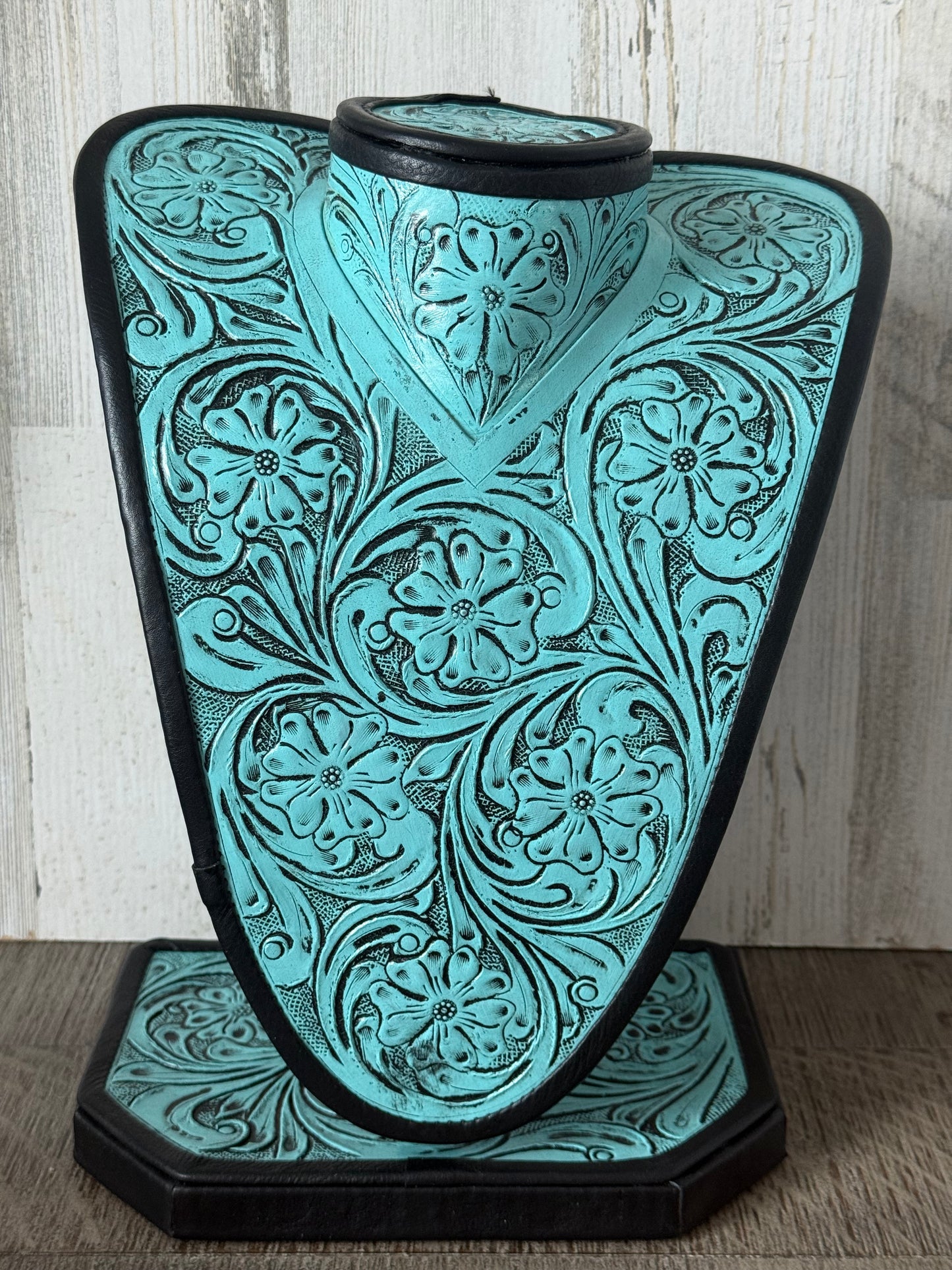 Turquoise Leather Tooled Necklace Dispaly