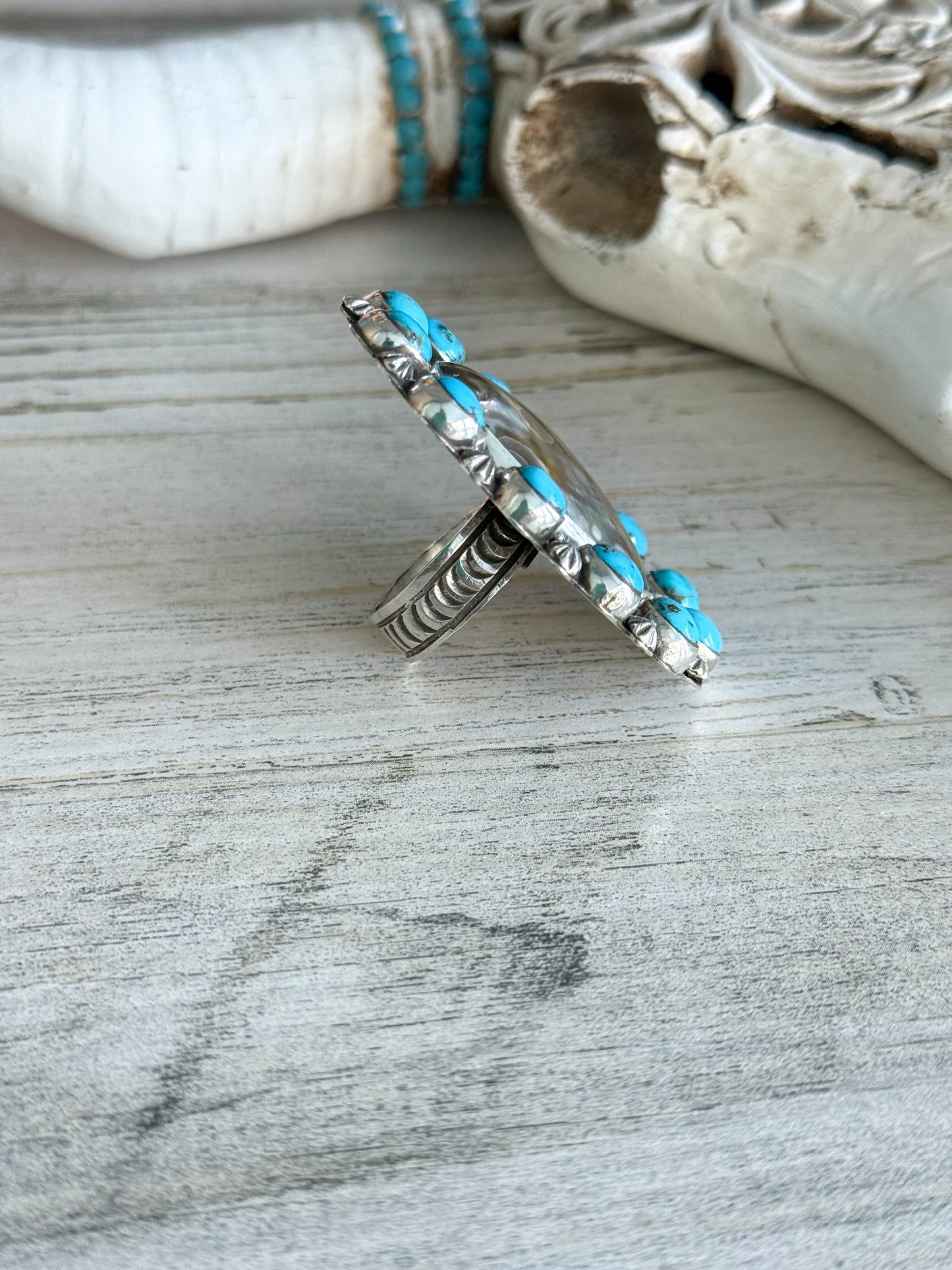 Native American Turquoise & Abalone Adjustable Ring