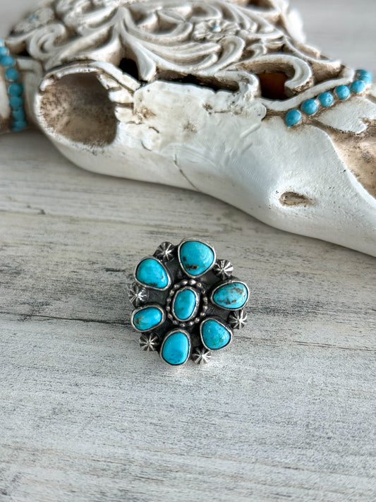 Native Made Turquoise Cluster Ring 9 Adjustable