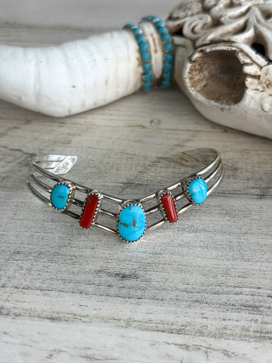 Native American Made Coral & Kingman V Cuff 6.75"