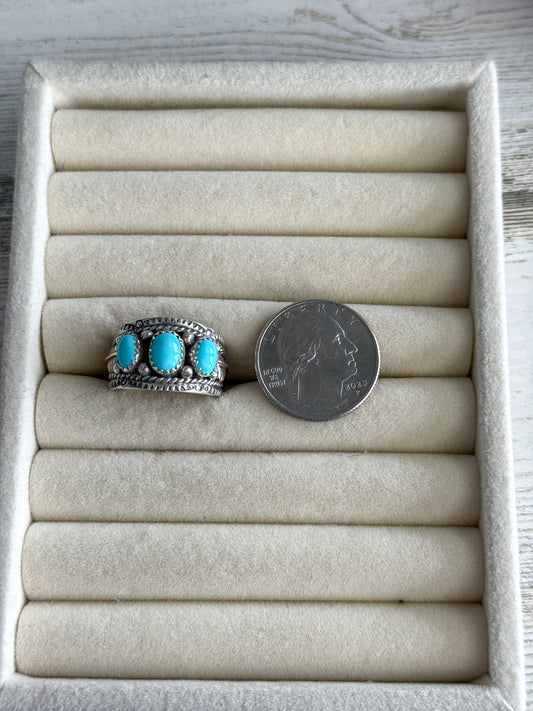 Native American 3 Turquoise Stone Leaf Ring 9.5