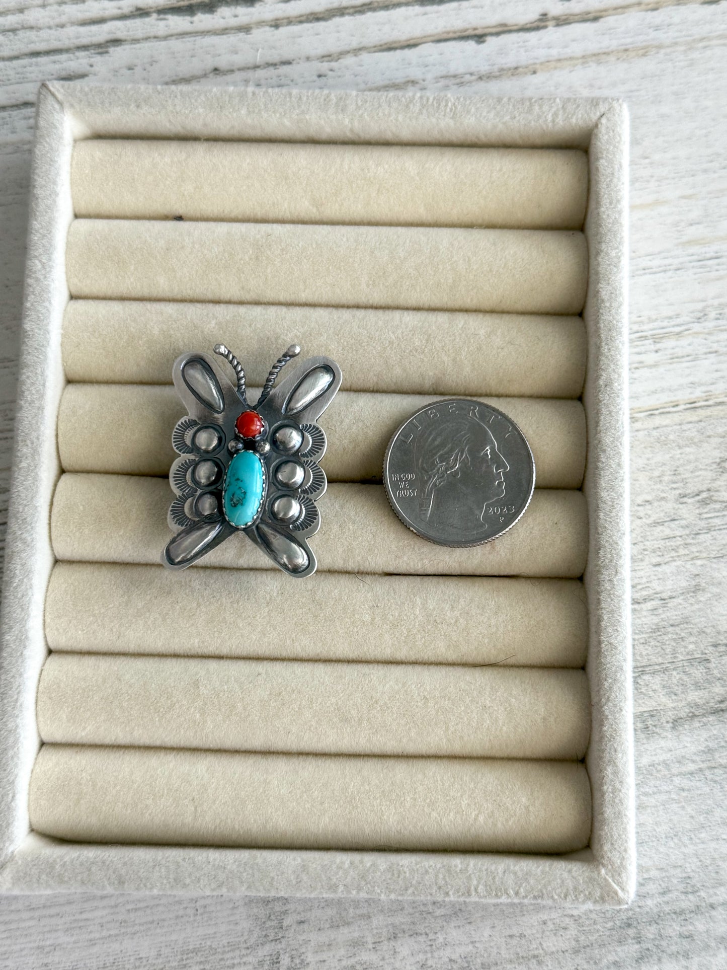 Native American Sterling Coral & Turquoise Butterfly Adjustable Ring