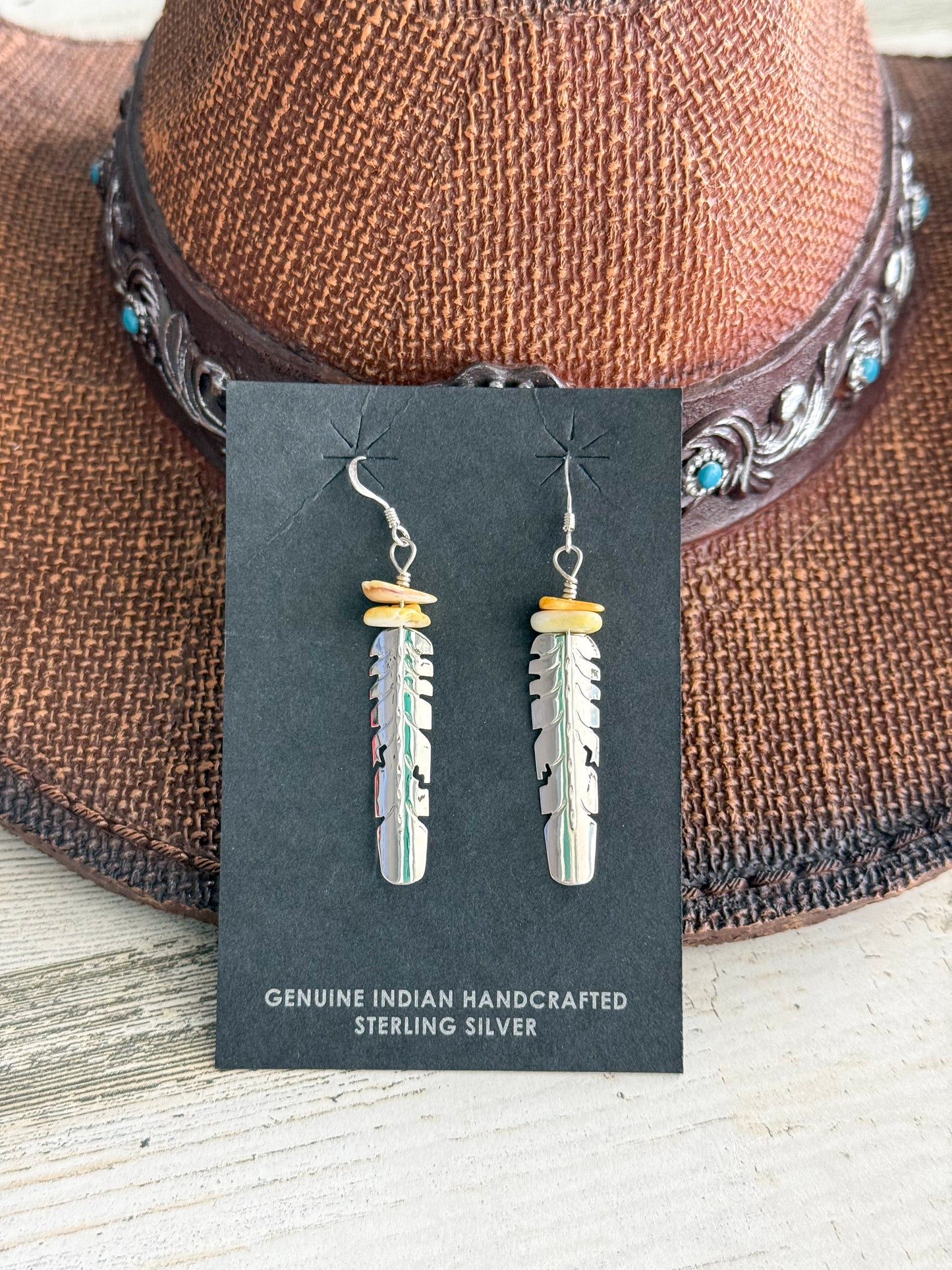 Native American Yellow Spiny Feather Earrings